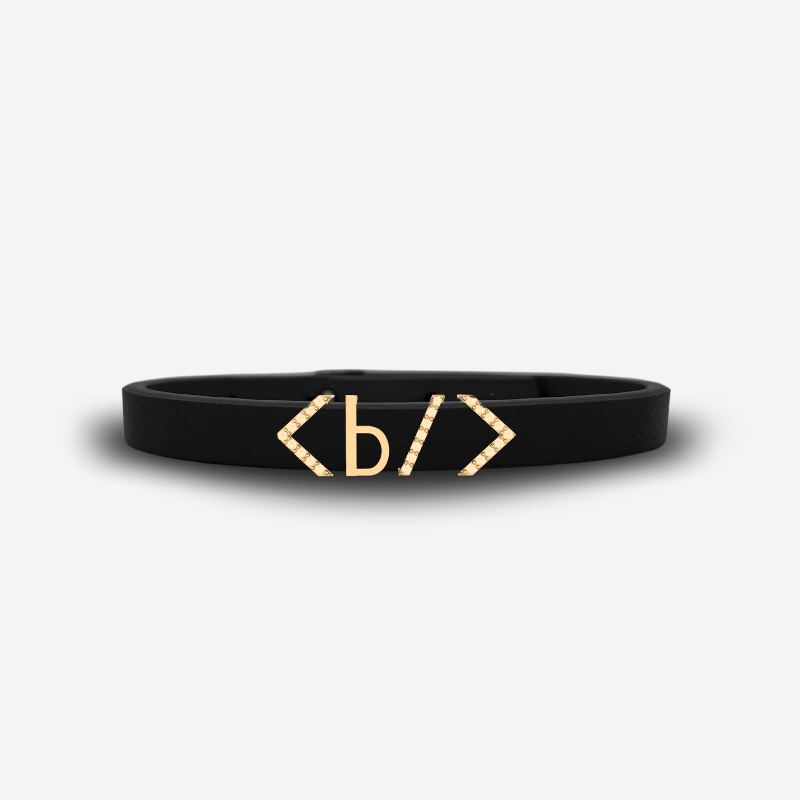 Black leather bracelet with silver HTML bold tag code design on a white background