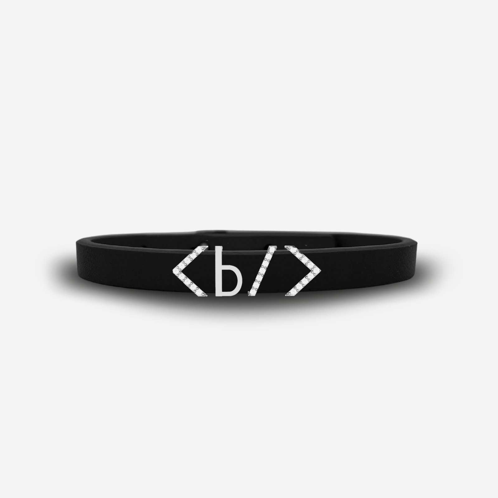 Black leather bracelet with silver HTML bold tag code design on a white background